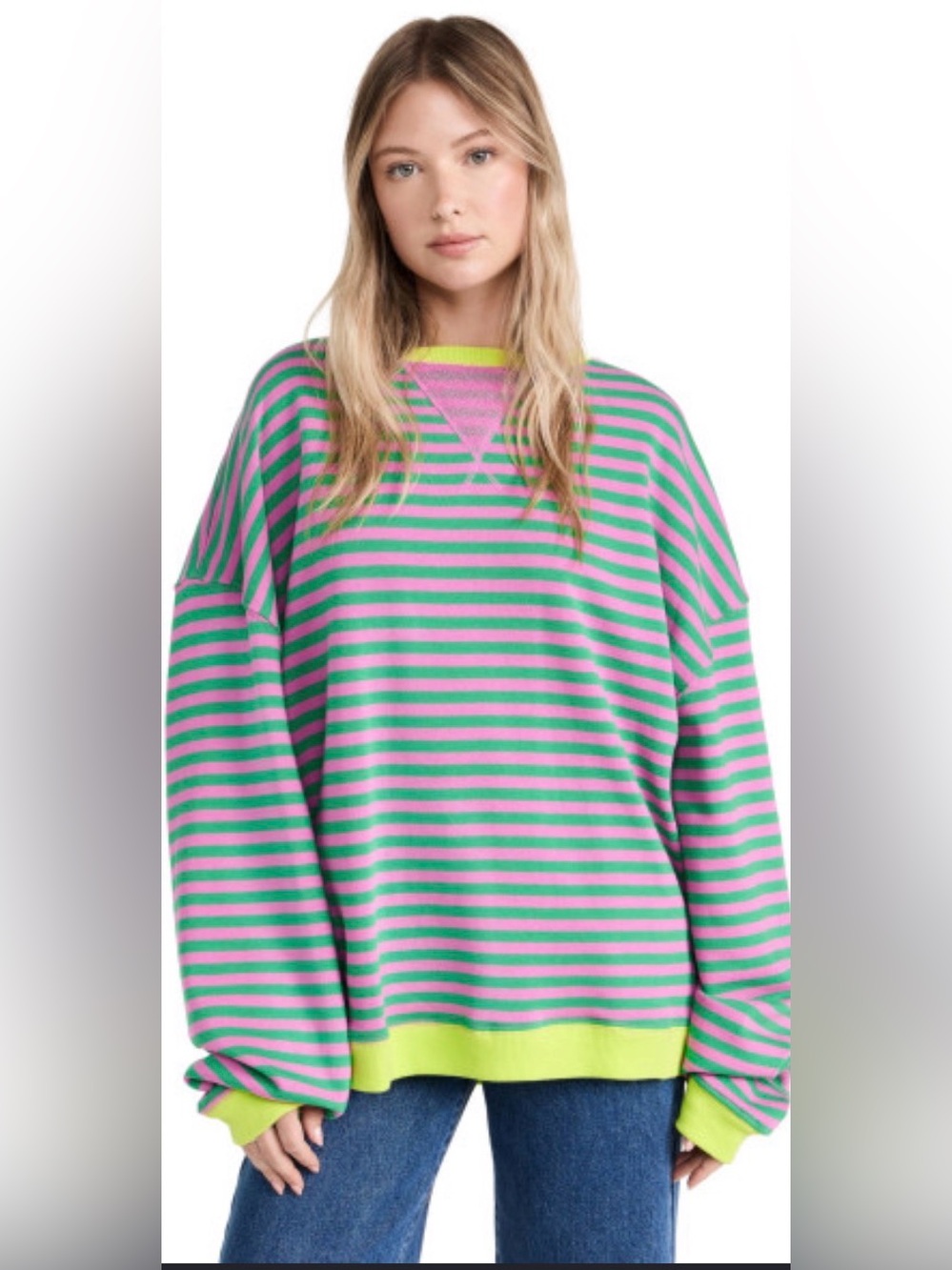 Oversized Pink & Green Striped We The Free by Free People Crew Neck Sweater